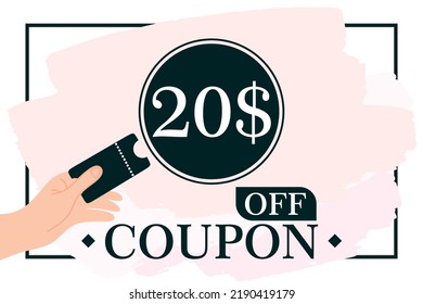 20$ Gift Voucher illustration. 20$ Coupon promotion sale for a website, internet ads, social media. Big sale and super sale coupon discount. Price Tag Mega Coupon discount vector illustration. eps10