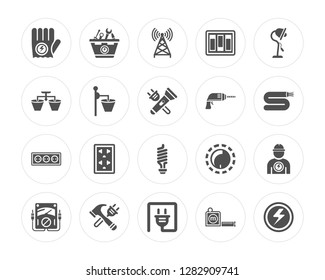 20 Glove, Toolbox, Plug, Hammer, Voltmeter, Lamp, Driller, Light bulb, Socket, Lamp modern icons on round shapes, vector illustration, eps10, trendy icon set.