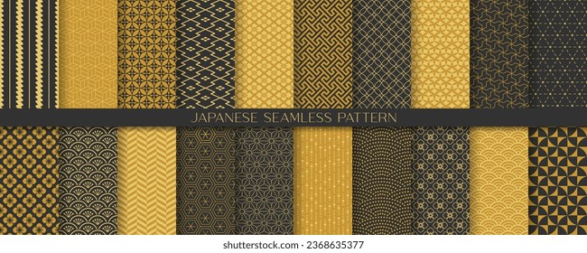 20 gold Japanese patterns. Seamless pattern background.