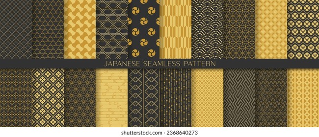 20 gold Japanese patterns. Seamless pattern background.