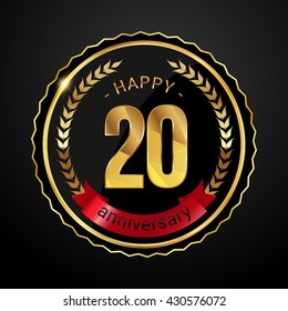 20 golden anniversary logo with red ribbon, low poly design number
