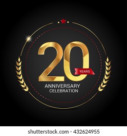 20 golden anniversary logo with red ribbon, low poly design number