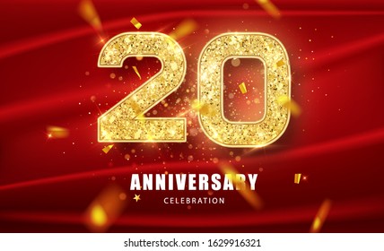20 Golden glitter numbers and Anniversary Celebration text with golden confetti on red background. Twentieth anniversary celebration event vector template
