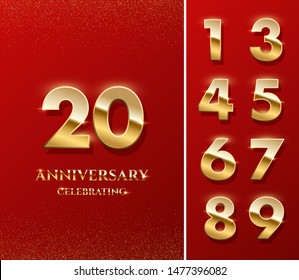 20 golden numbers and Anniversary Celebrating text on red background. Vector vertical anniversary celebration event invitation template with set of golden numbers