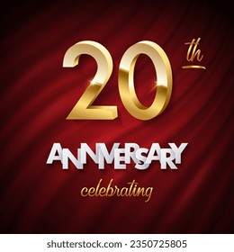 20 golden numbers, Anniversary white paper text and Celebrating word made of golden ribbons on red curtain background. Vector twenty anniversary celebration event square template.