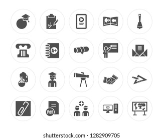 20 Graduation's Music, , Group of people, Pdf document, Paperclip, Hand bell, Teach, Telescope, Full Test Tube modern icons on round shapes, vector illustration, eps10, trendy icon set.