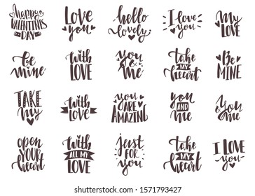 20 hand lettering romantic valentine quotes. Hand drawn holiday inscriptions set with romantic phrases about love. Collection of stylish Valentine's day phrases handwritten with elegant cursive font