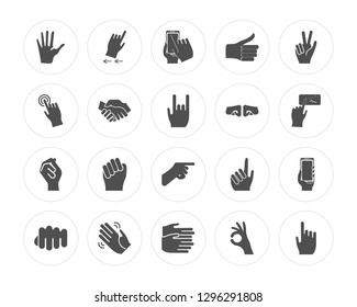 20 Hand, Swipe left, Clapping, Waving hand, Fist, Counting, Pointing, Click, Handshake modern icons on round shapes, vector illustration, eps10, trendy icon set.