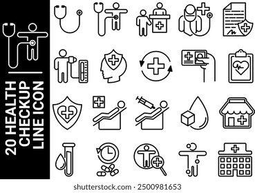 20 health checkup line icon, black and white