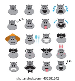 20 Hippo icons expressing different emotions. Simple vector icon on white background. 