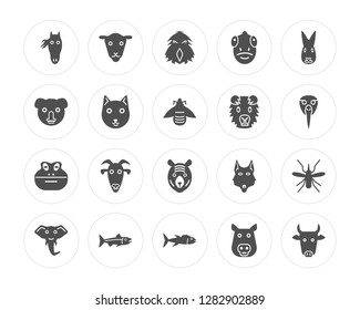 20 Horse, Female Sheep, Tuna, Salmon, Elephant, Rabbit, Guinea Pig Heag, Tiger, Frog, Cat modern icons on round shapes, vector illustration, eps10, trendy icon set.