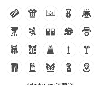 20 Hot dog sausage in bread, Football t shirt with number 83, Shoulder Pad, American Tee, Practice Pants modern icons on round shapes, vector illustration, eps10, trendy icon set.