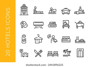 20 hotelbezogene Symbole. Schlüssel, Aufzug, Zimmer, Frühstück, Empfang, Parkplatz, für Web, mobil, Aktion. Fit Unterkunft, Gastfreundschaft Themen. Schwarze Kontur, Vektor.