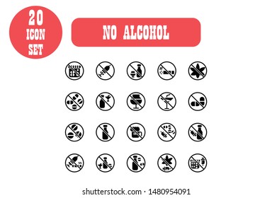 20 Icon Set No Alcohol Vector illustration of thin line icons for Medicine