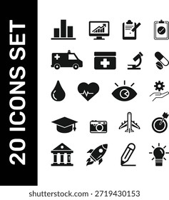 20 iconos relacionados con diversos campos, incluyendo la salud y los conceptos generales de negocios o educación