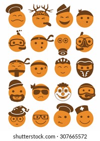 20 icons set profession smilies with different emotions in orange color