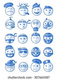 20 icons set profession smilies with different emotions in blue color on half face