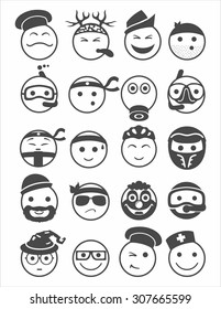 20 icons set profession smilies with different emotions black and white