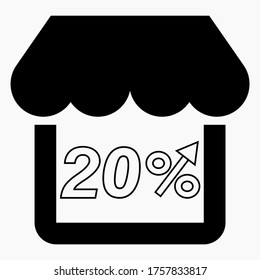 20% increase in store sales. Store building and percentage increase on a white background. Sales growth in the supermarket. Vector icon