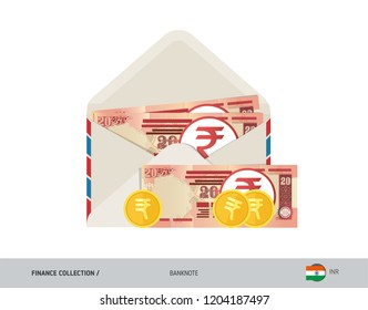 20 Indian Rupee Banknote. Flat style opened envelope with cash. Indian Rupee banknotes and coins. Salary payout or corruption concept.