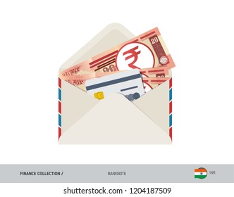 20 Indian Rupee Banknote. Flat style opened envelope with cash. Indian Rupee banknotes and credit card. Salary payout or bank transaction concept.