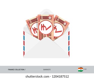20 Indian Rupee Banknotes in envelope. Flat style opened white envelope with cash. Salary payout or corruption concept.