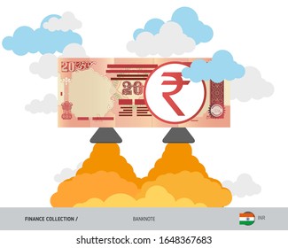 20 Indian Rupee rising as a rocket. Flat style vector illustration.