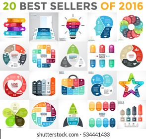 20 Infographics Best Sellers Of 2016. Business Diagrams, Arrows Graphs, Startup Info Graphic Presentations, Idea Charts. Data Options With 3, 4, 5, 6, 7, 8 Parts, Steps, Processes. Bulb, Brain, Health