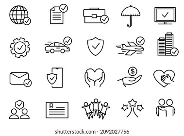 20 Insurance line icons set illustration.  risk, safety,protection, insurance icon vector.
isolated on white background.