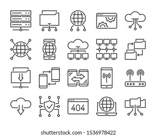 20 Symbole der Internettechnologie. Symbol für die Netzwerk-Technologie-Linie gesetzt. Vektorgrafik.