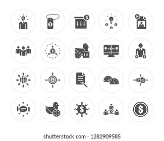 20 Investor, Price tag, Crowdfunding, Early bird, Feedback, Gif, Contract, Shipping, Crowdfunding modern icons on round shapes, vector illustration, eps10, trendy icon set.