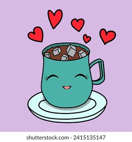 20 Januari, diseño vectorial de ilustración una taza linda de personaje de dibujos animados de chocolate caliente sobre fondo morado - Vector de ilustración por vivero 