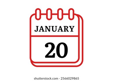 20 January calendar icon text page monthly web design on red, black and white background vector, icon, or illustration with the month of January 20