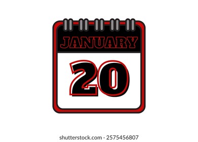 20 January calendar icon text page monthly web design on red, black and white background vector, icon, or illustration with the month of January 20