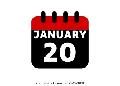 20 January calendar icon text page monthly web design on red, black and white background vector, icon, or illustration with the month of January 20