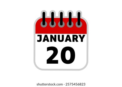 20 January calendar icon text page monthly web design on red, black and white background vector, icon, or illustration with the month of January 20