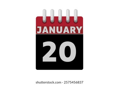 20 January calendar icon text page monthly web design on red, black and white background vector, icon, or illustration with the month of January 20
