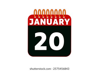 20 January calendar icon text page monthly web design on red, black and white background vector, icon, or illustration with the month of January 20