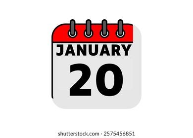 20 January calendar icon text page monthly web design on red, black and white background vector, icon, or illustration with the month of January 20