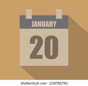 Icono del calendario vectorial del 20 de enero. Diseño de página de calendario en fondo oscuro para los días de enero