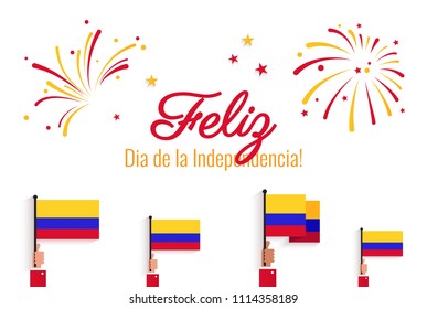 20 July. Colombia Happy Independence Day (written in Spanish) greeting card. Celebration background with fireworks, flags and text. Vector illustration