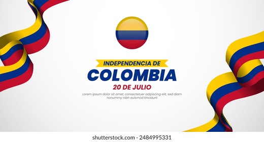 20 july Colombia Independence Day greeting card. Waving colombian flags isolated on white background