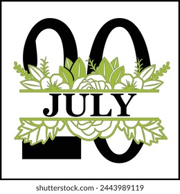 20 July Floral Split Silhouette Counting Vector Design | Print Design | Cut file | Shirt Design | Birthday Gift