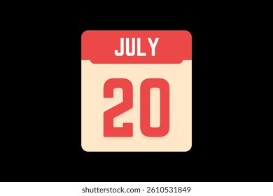 20 July icon text page monthly web design on coral, white, tangerine and black background vector, icon, or illustration with the month of July 20