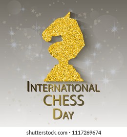 20 July, International Chess Day greeting card. Chess piece and text on a beautiful background. Vector illustration