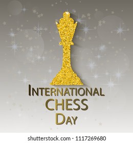 20 July, International Chess Day greeting card. Chess piece and text on a beautiful background. Vector illustration