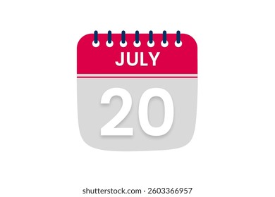20 July month single day vector, illustration, calendar with red, off white and white color background calendar July 20