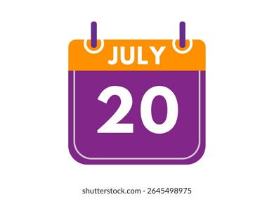 20 july month single day vector, illustration, calendar with orange, purple, ash and white color background calendar icon of july 20