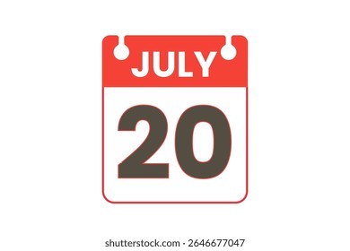 20 july month single day vector, illustration, calendar with red, black and white color background calendar icon of july 20