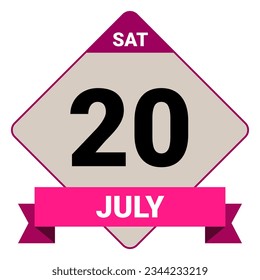 20 July, Saturday. Date template. Useful design for calendar or event promotion. Vector illustration EPS 10 File. Isolated on white background. 